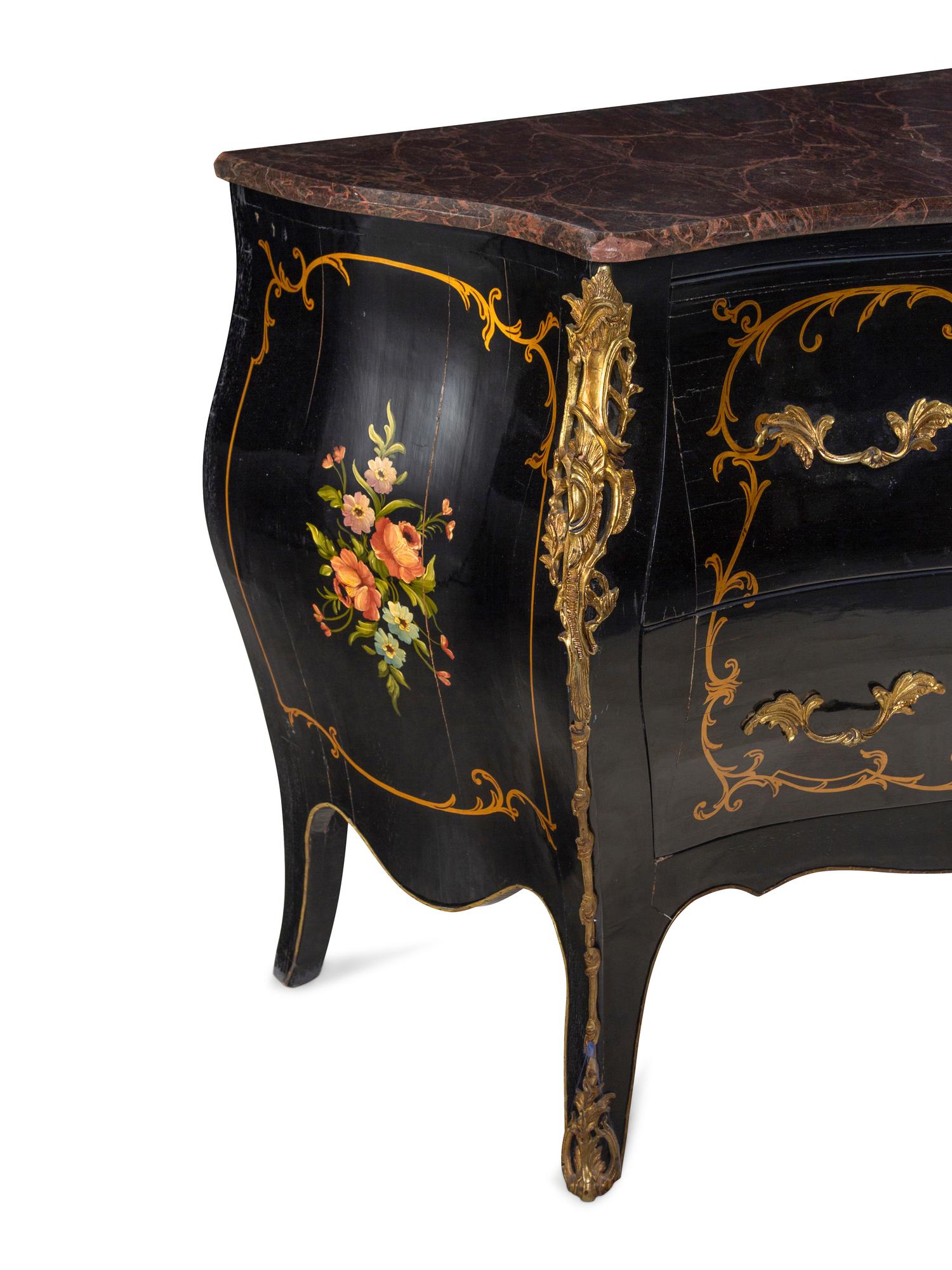 A Louis XV Style Gilt Metal Mounted Painted Marble-Top Commode