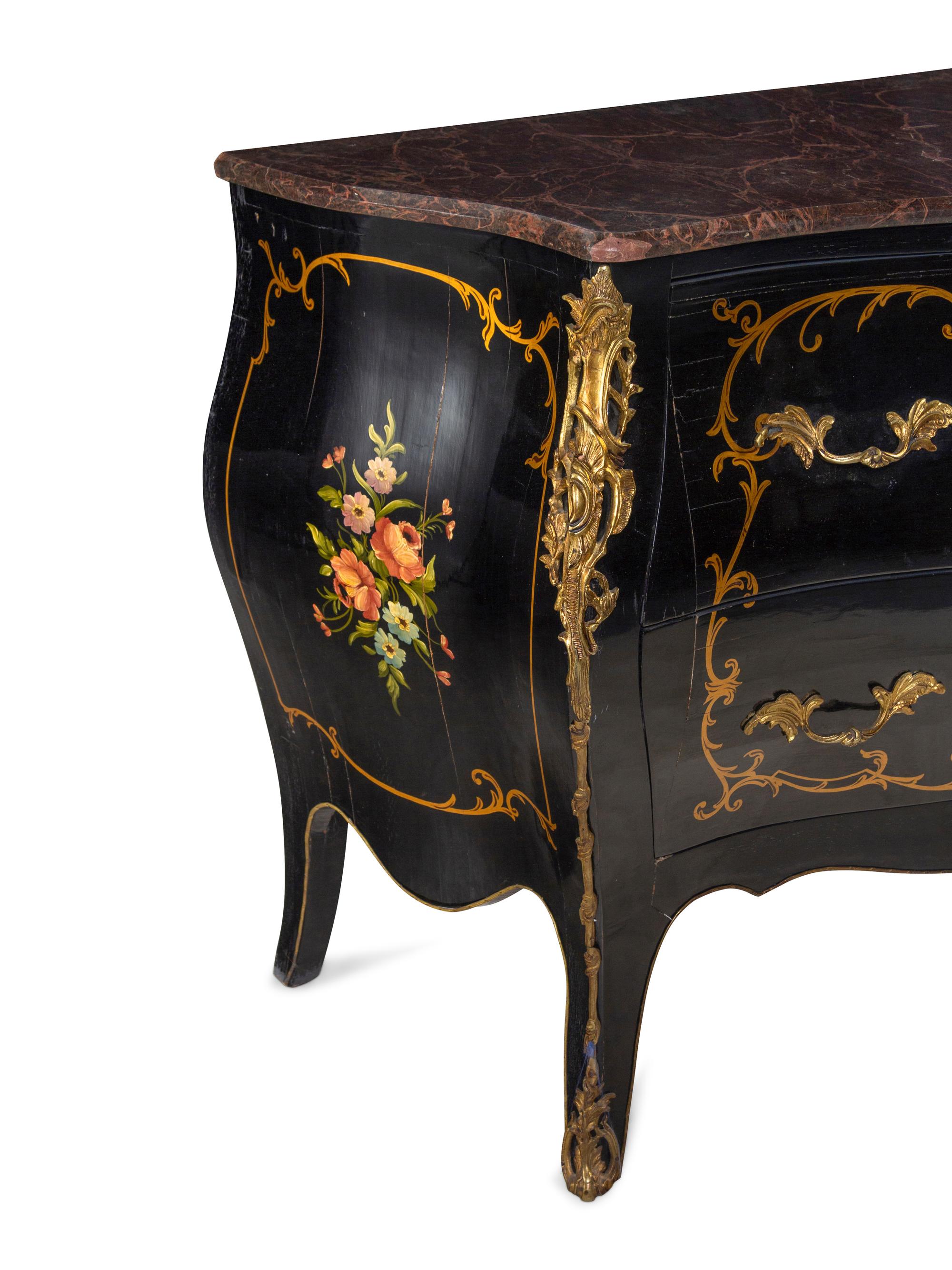 A Louis XV Style Gilt Metal Mounted Painted Marble-Top Commode