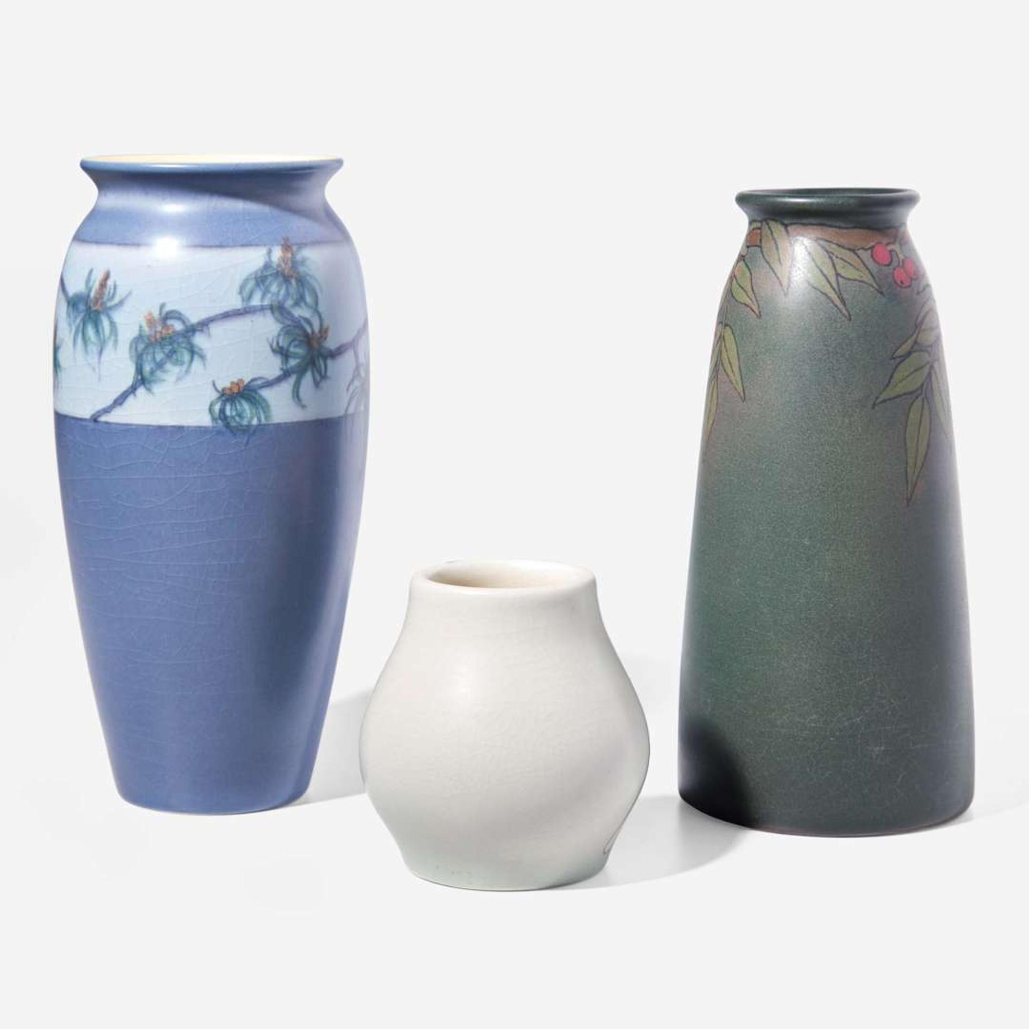 Vera Tischler (American, 1900-1989), Carl Schmidt (American, 1875-1959) & Olga Geneva Reed (American, active 1890-1909) Three Vellum Glaze Vases, Rookwood Pottery, Cincinnati, Ohio, USA, early 20th century