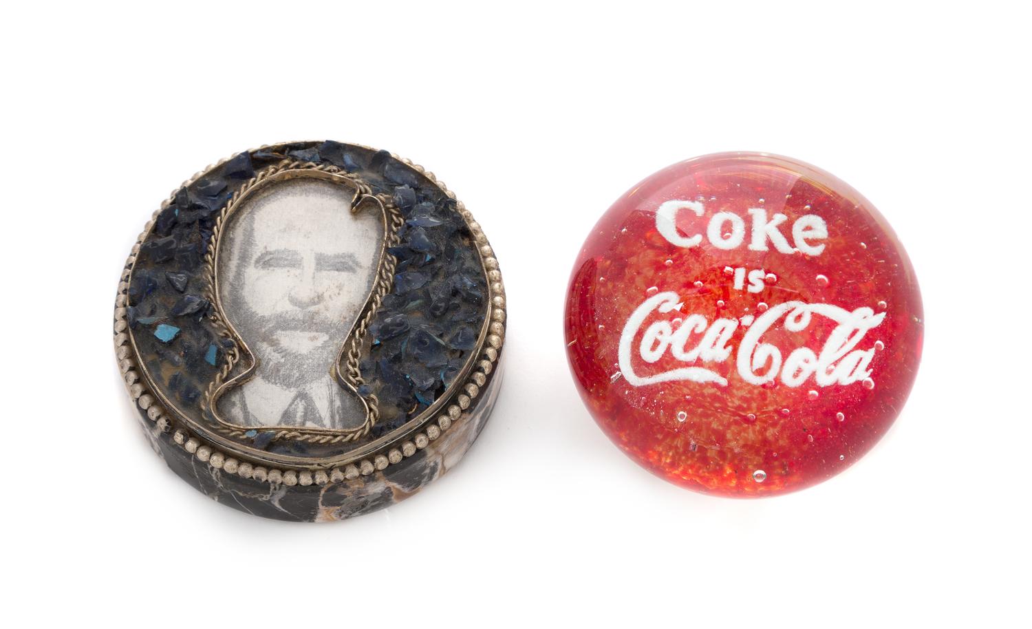 Two Miscellaneous Paperweights: Coca Cola and Male Portrait Diameter 3 1/4 inches