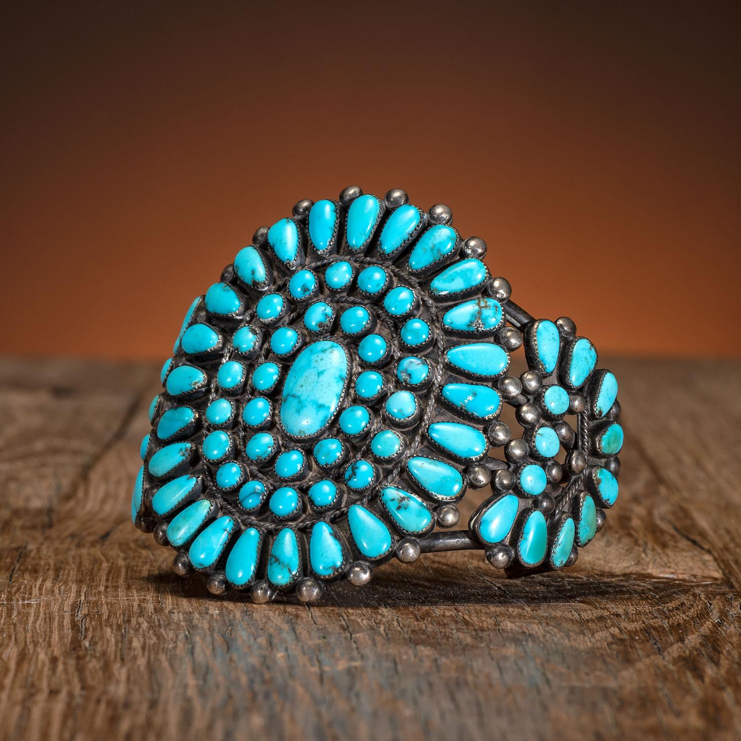 Large Zuni Silver and Turquoise Cluster Cuff Bracelet