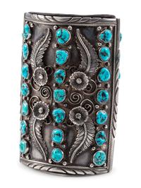 Navajo Silver and Turquoise Ketoh, with Floral and Leaf Silver Applique Accents