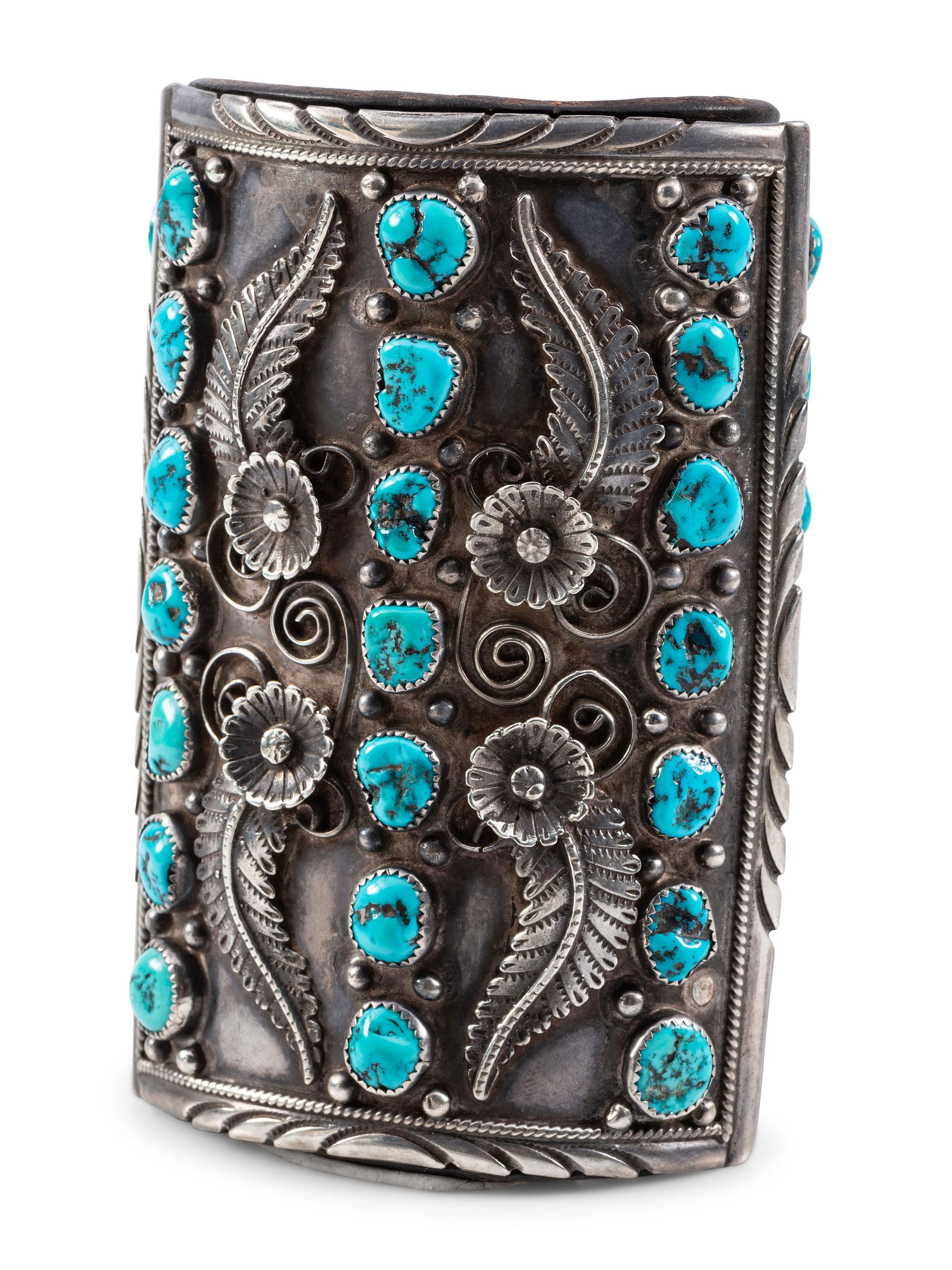 Navajo Silver and Turquoise Ketoh, with Floral and Leaf Silver Applique Accents