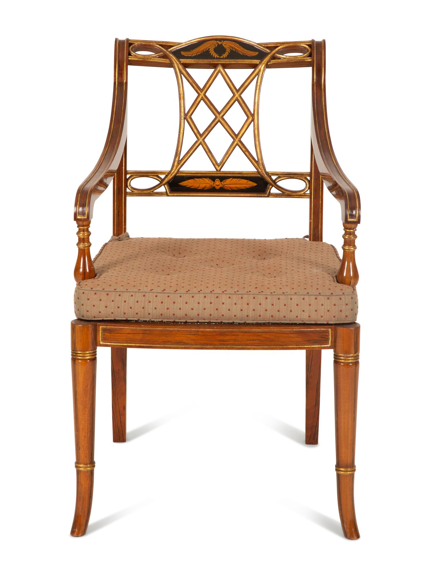 A Regency Style Rosewood and Parcel Gilt Open Armchair