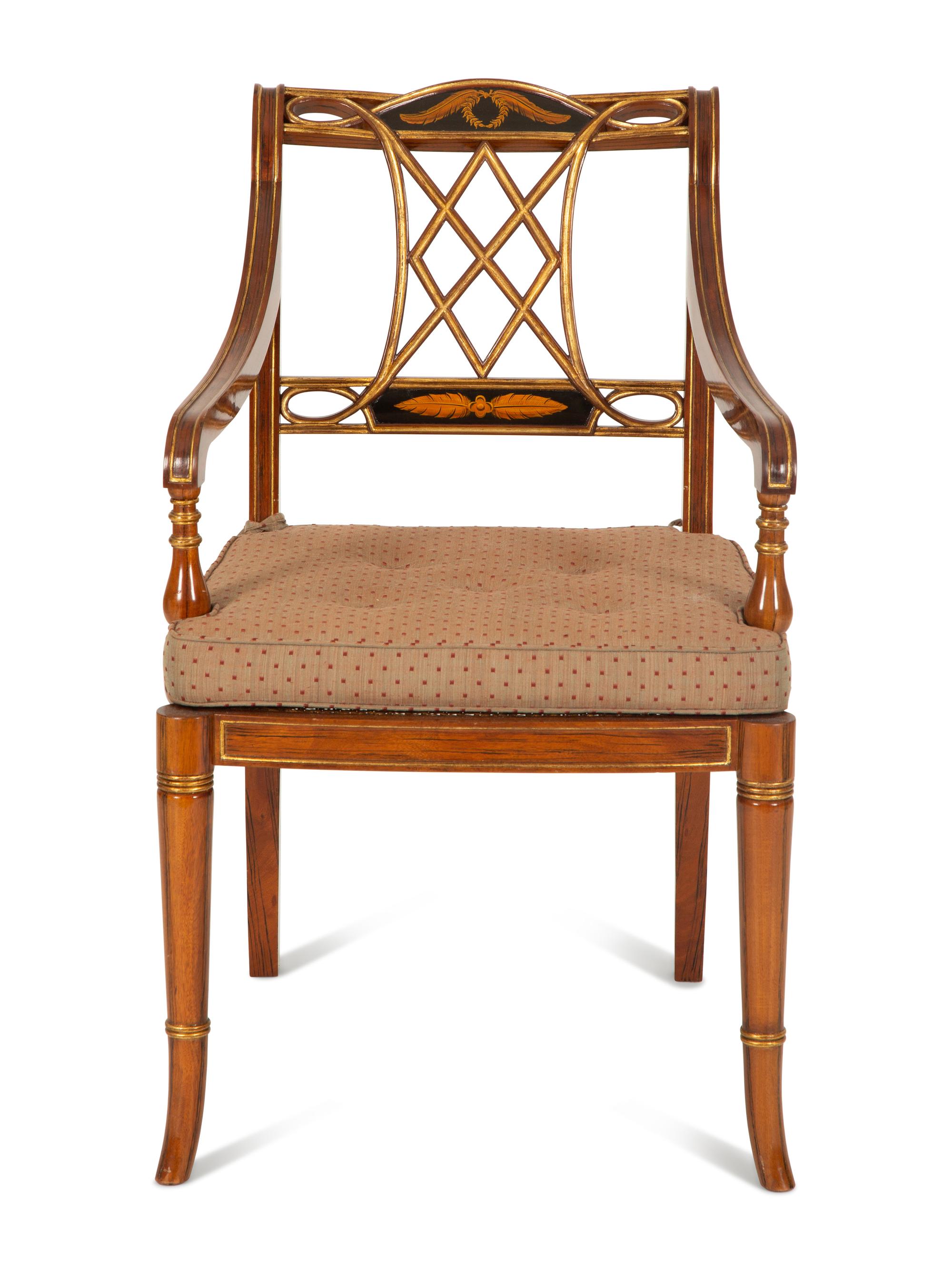 A Regency Style Rosewood and Parcel Gilt Open Armchair