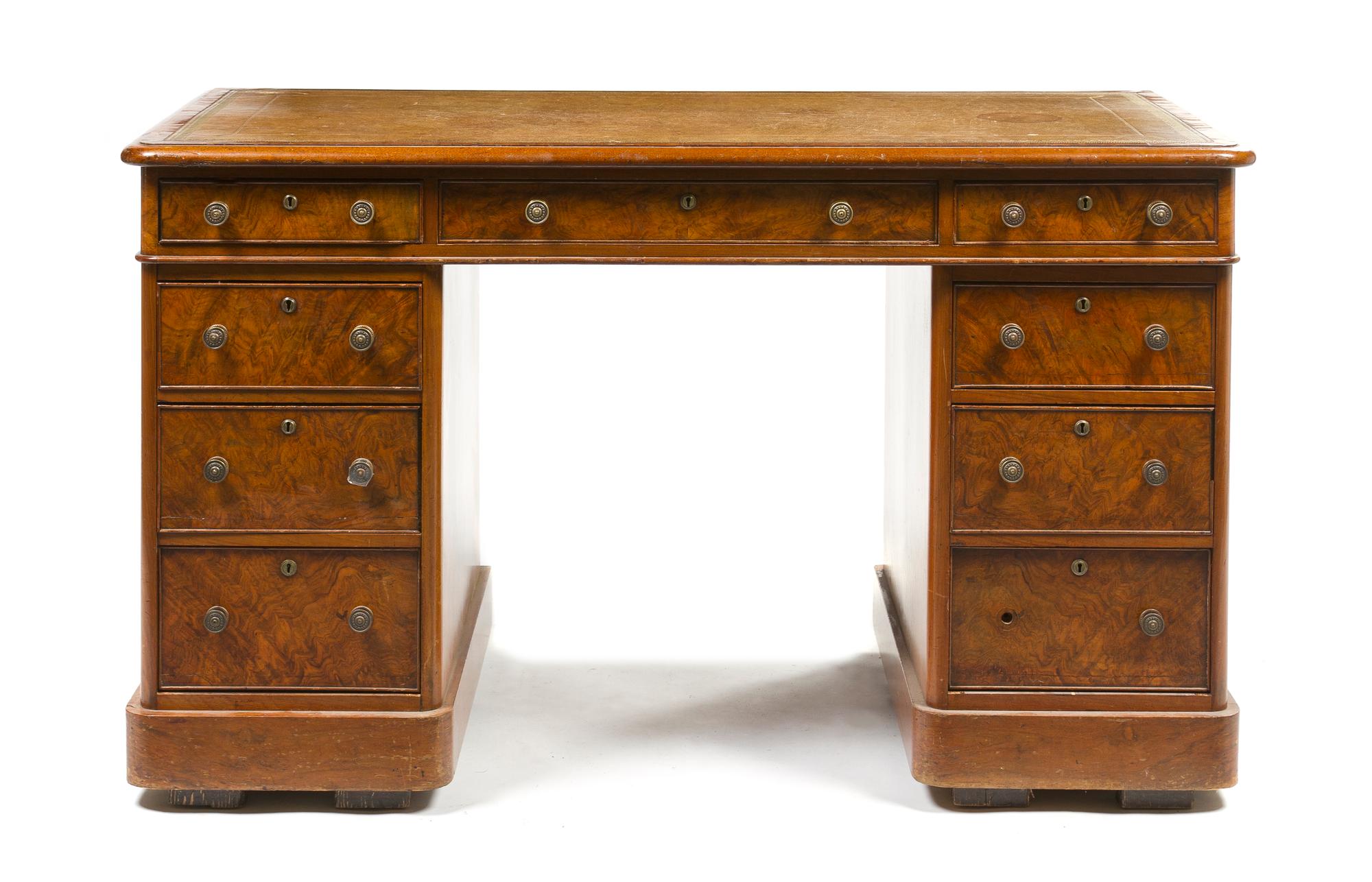 A William IV Burl Walnut Pedestal Desk, Height 31 x width 52 x depth 26 inches.
