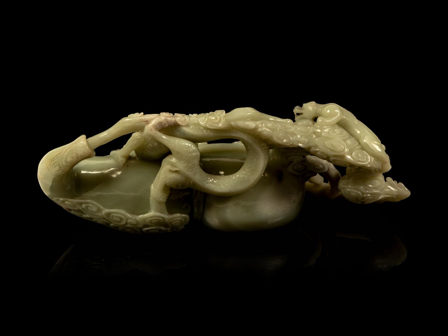 A Large Chinese Celadon Jade 'Dragon on Gourd' Brush Washer