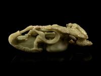 A Large Chinese Celadon Jade 'Dragon on Gourd' Brush Washer