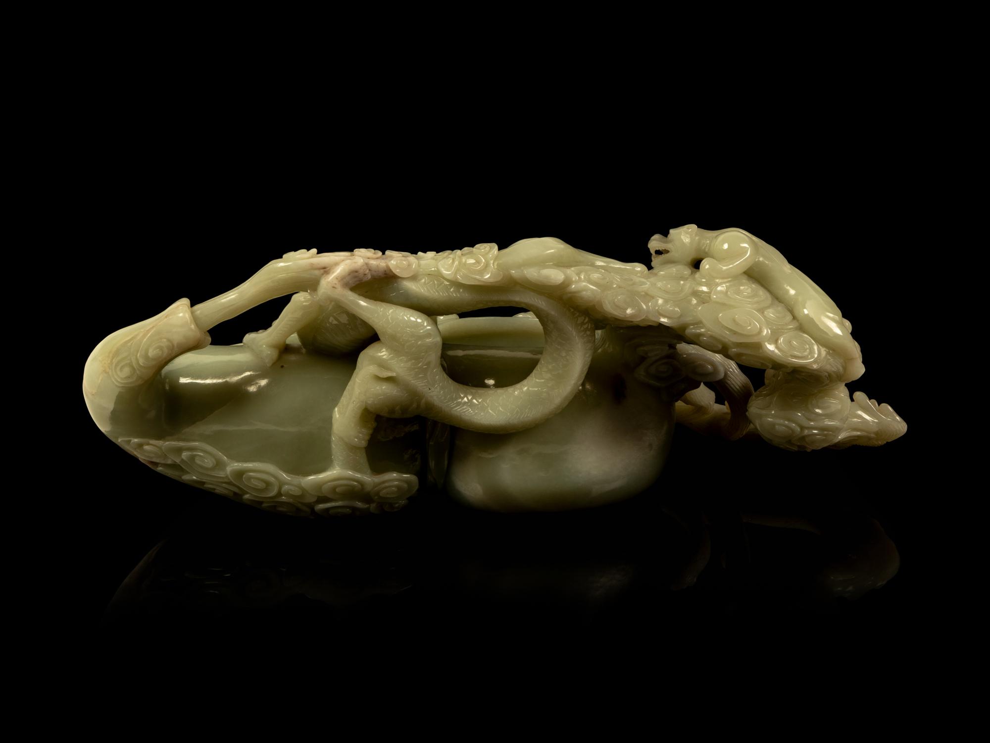 A Large Chinese Celadon Jade 'Dragon on Gourd' Brush Washer