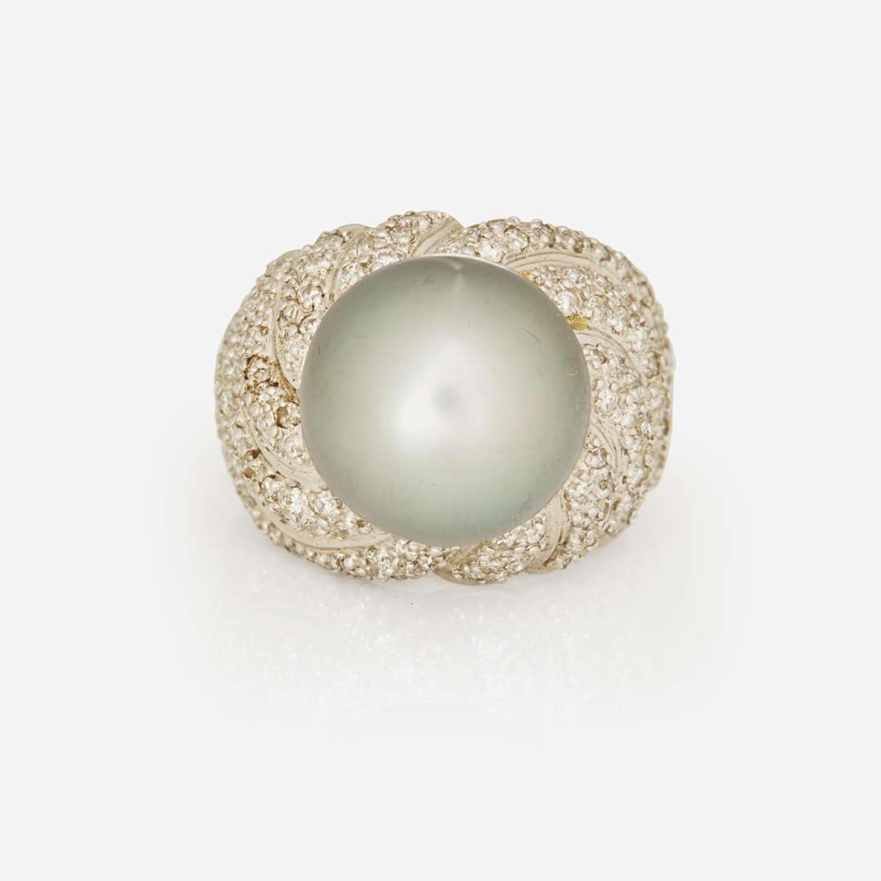An 18K White Gold, Tahitian Pearl, and Diamond Ring