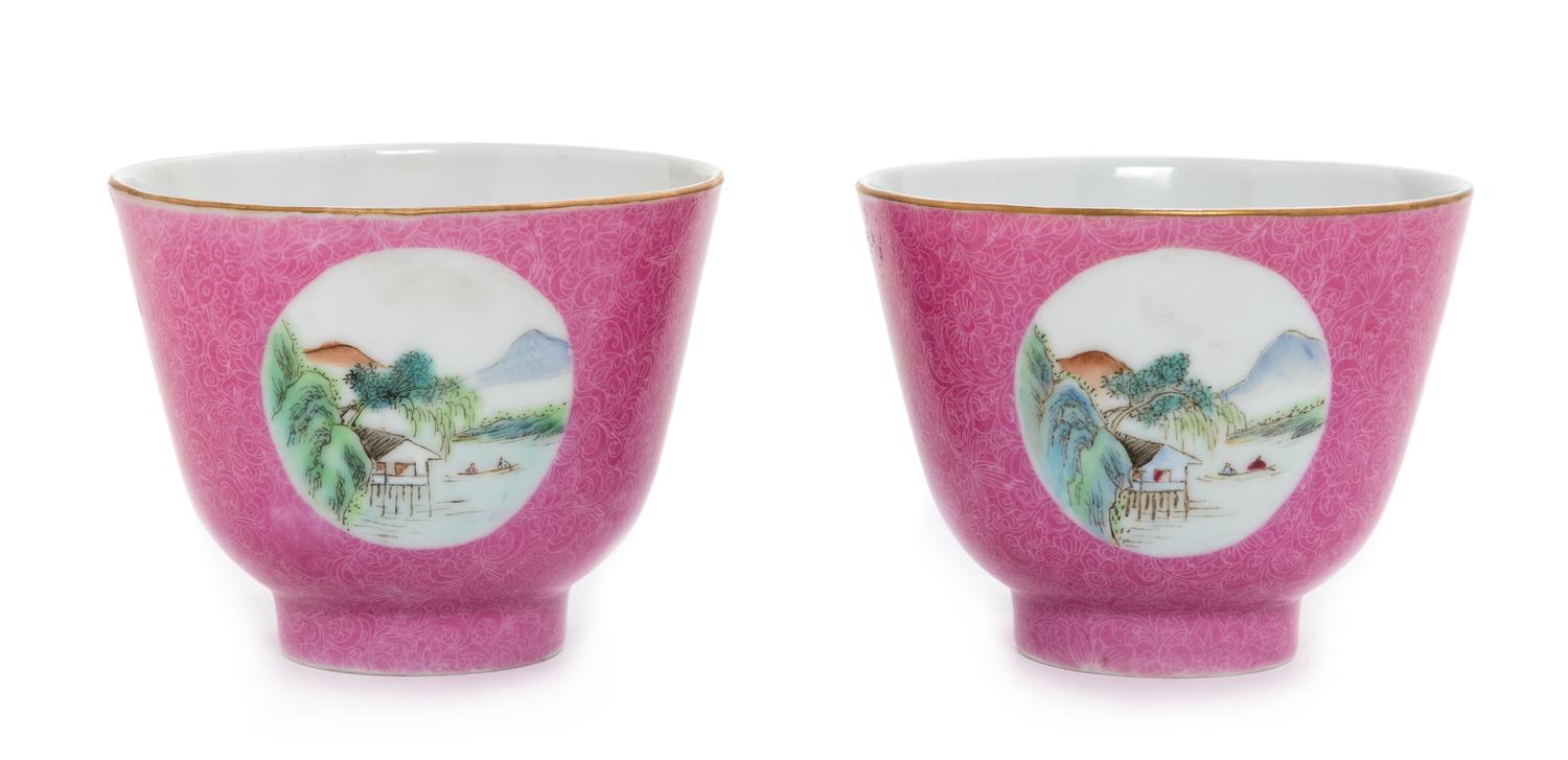 A Pair of Chinese Pink Enameled Sgrafitto Porcelain Wine Cups