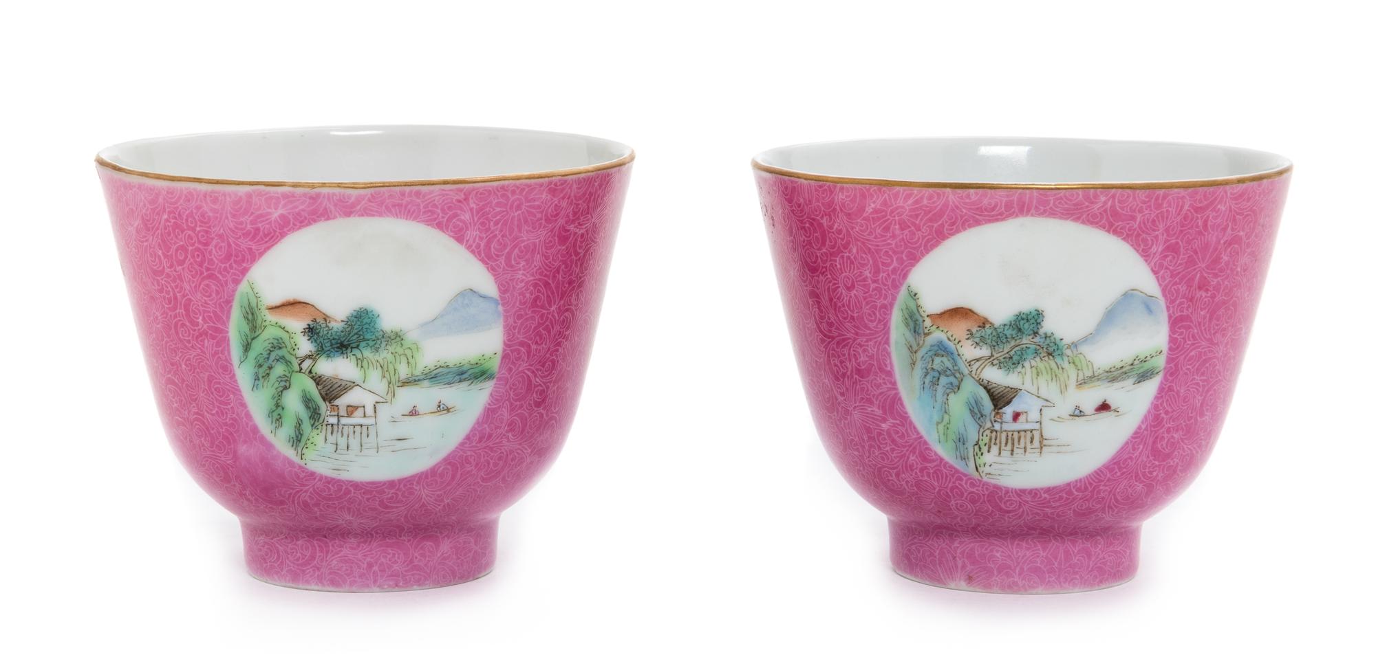 A Pair of Chinese Pink Enameled Sgrafitto Porcelain Wine Cups