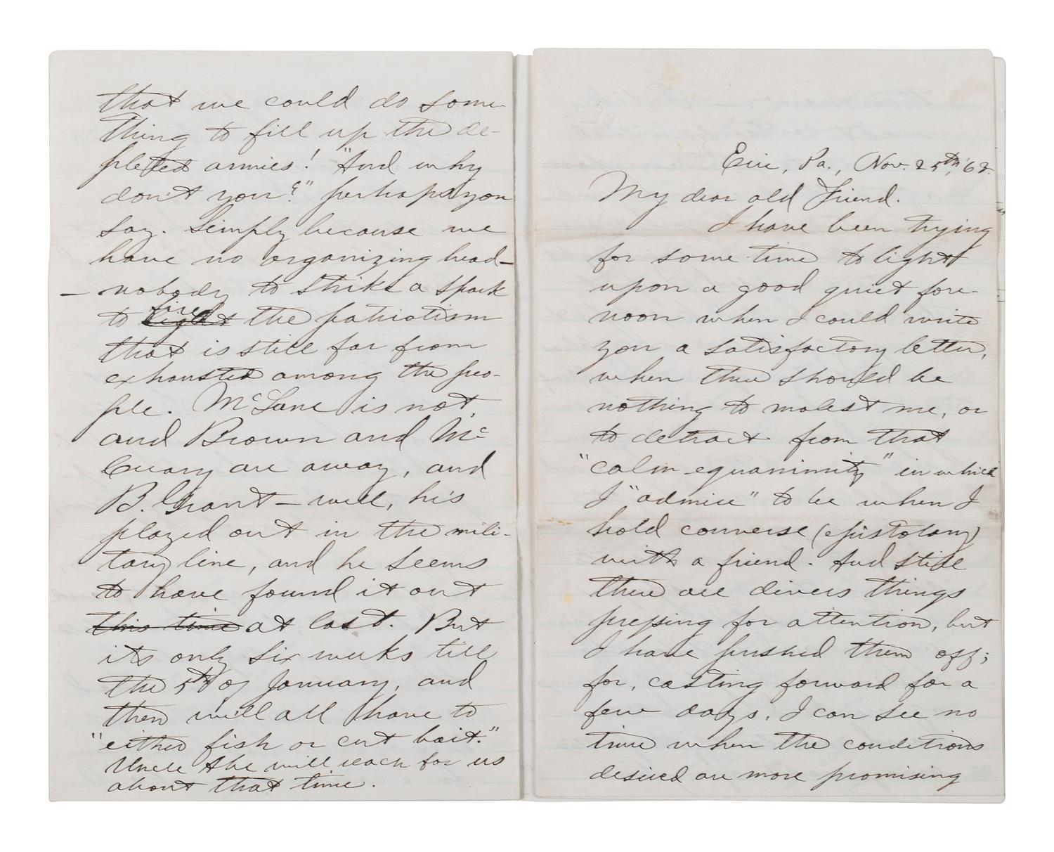 [CIVIL WAR]. Military preparations against a rebel attack by way of Canada and Lake Erie described in 18 pp. letter to Lt. Col. McCreary of the 145th Pennsylvania.