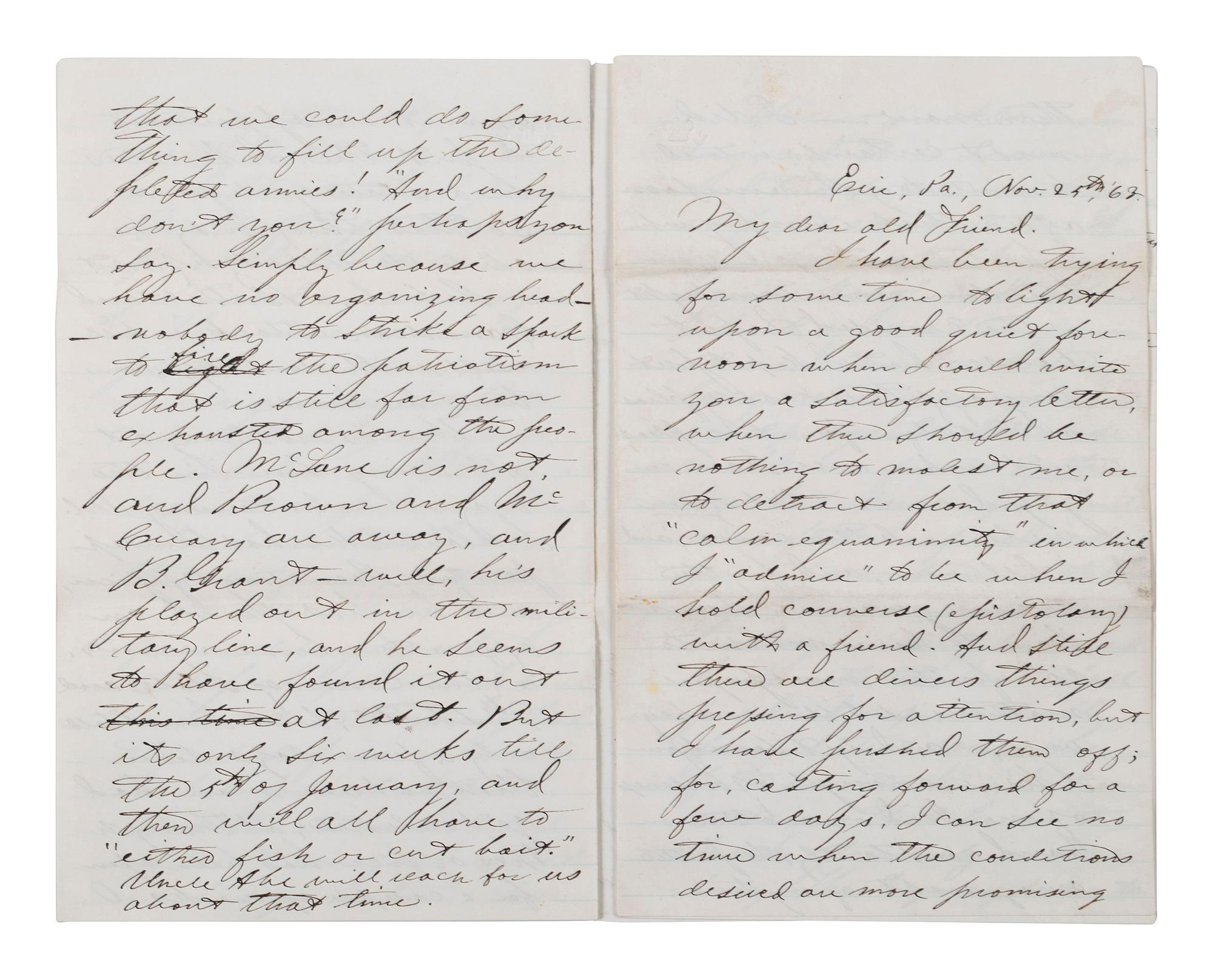 [CIVIL WAR]. Military preparations against a rebel attack by way of Canada and Lake Erie described in 18 pp. letter to Lt. Col. McCreary of the 145th Pennsylvania.
