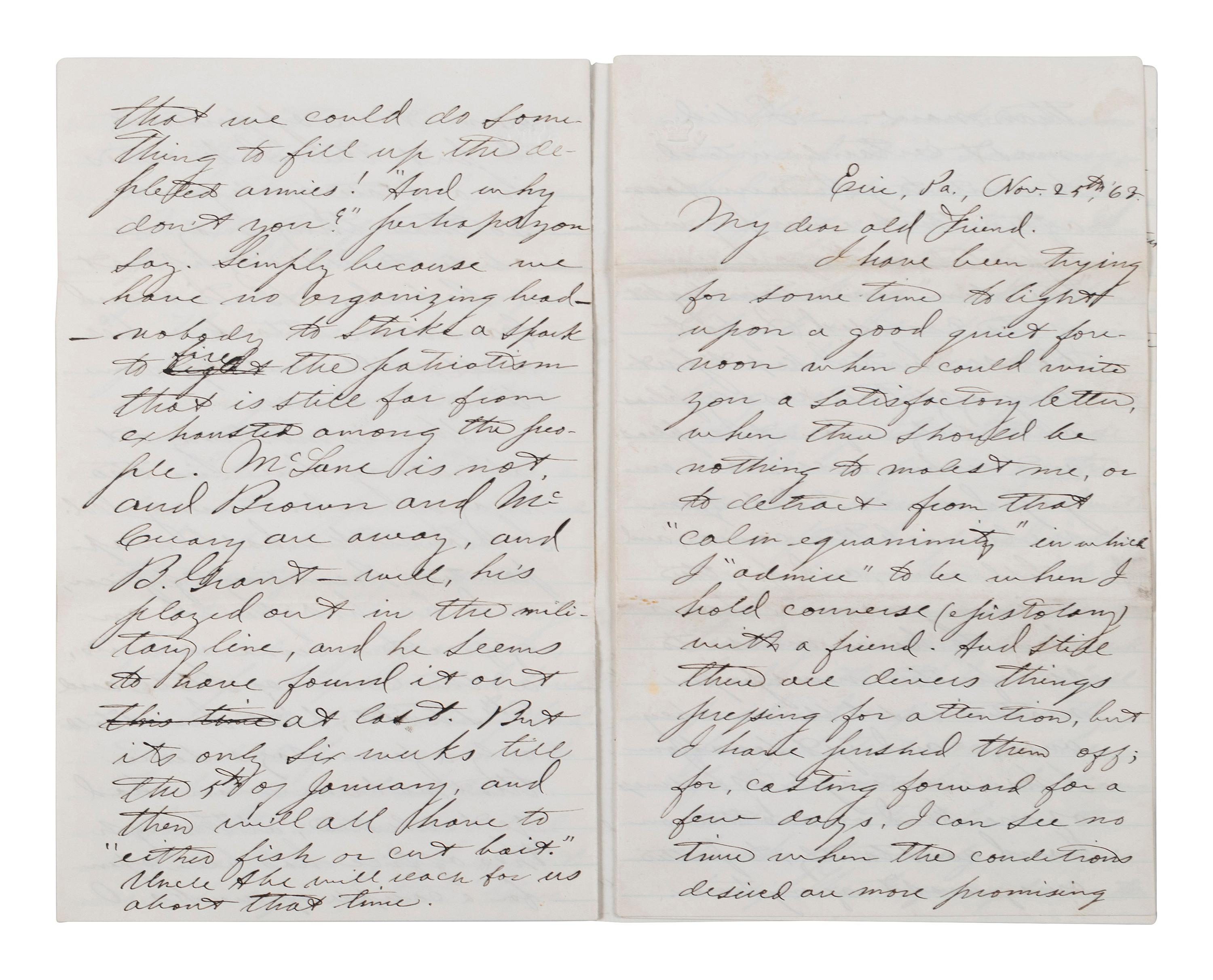 [CIVIL WAR]. Military preparations against a rebel attack by way of Canada and Lake Erie described in 18 pp. letter to Lt. Col. McCreary of the 145th Pennsylvania.