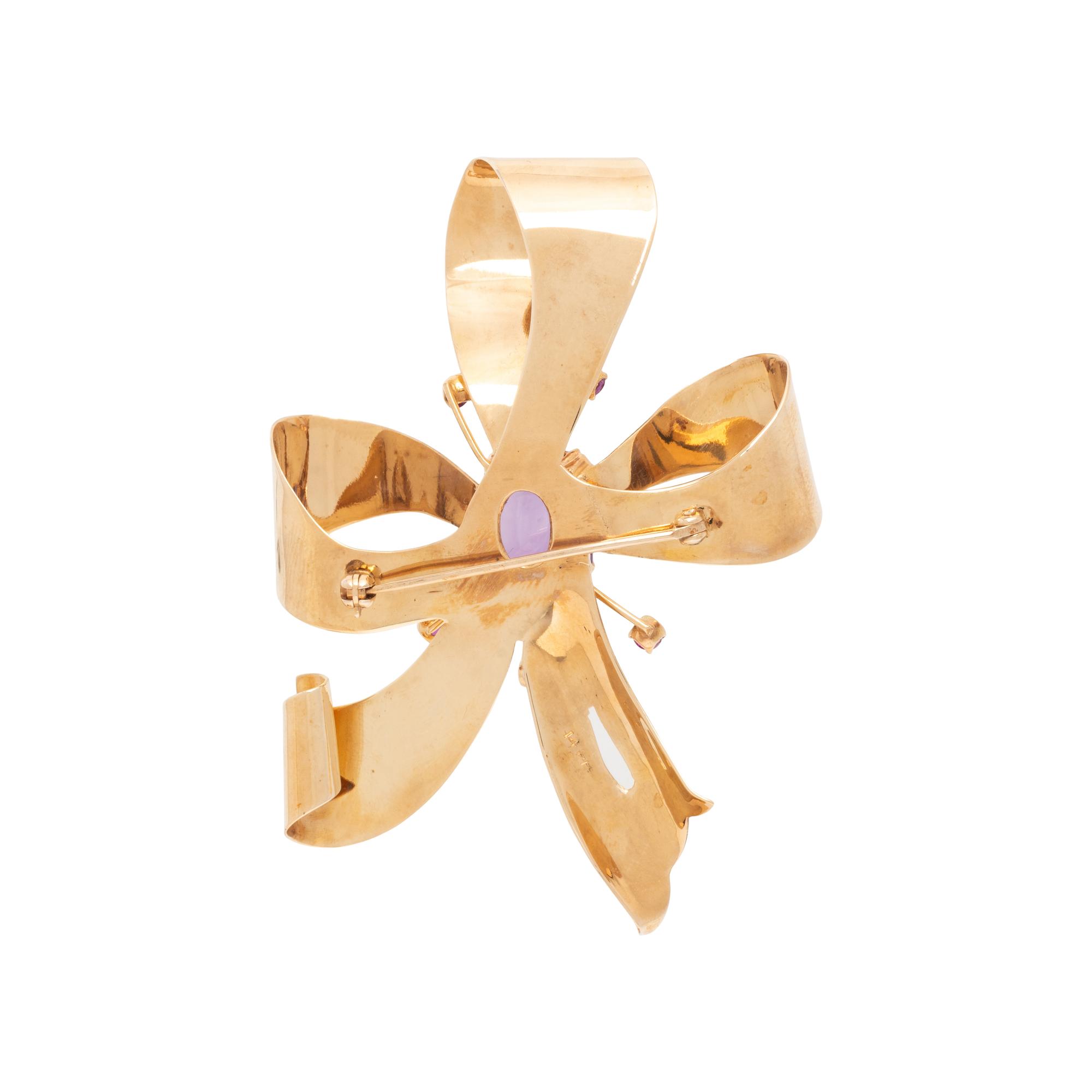 RETRO, YELLOW GOLD, AMETHYST, AND RUBY BROOCH