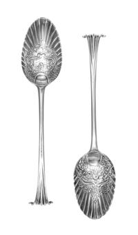A Pair of George III Silver Berry Spoons, Hester Bateman, London, 1780, each having scroll handles with foliate and scale worked bowls,