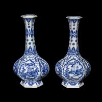 A Pair of Chinese Blue and White Porcelain Hexagonal Vases