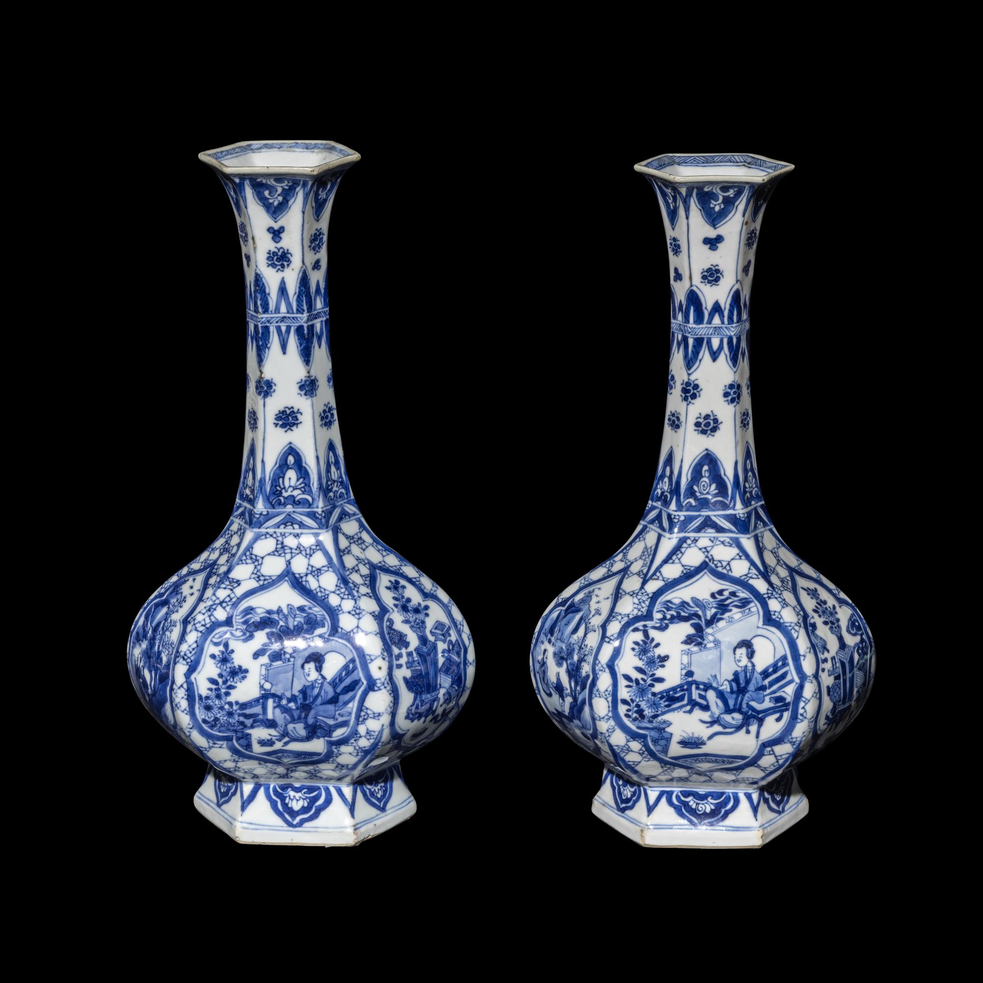 A Pair of Chinese Blue and White Porcelain Hexagonal Vases