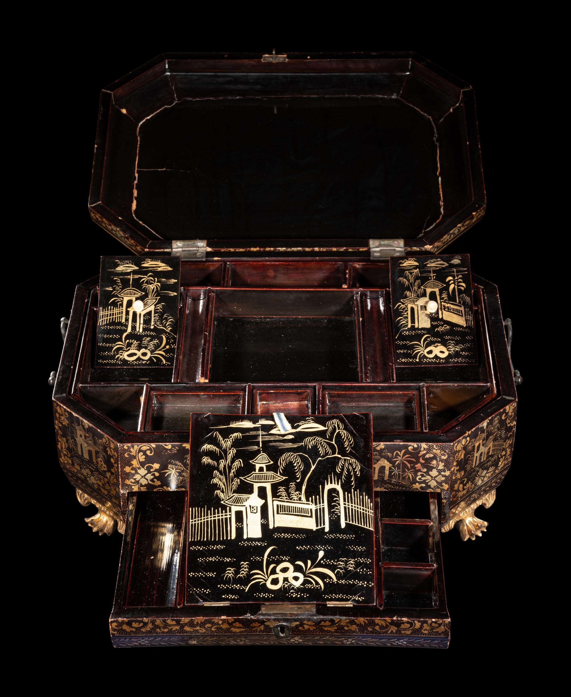 A Chinese Export Gilt Lacquered Sewing Case