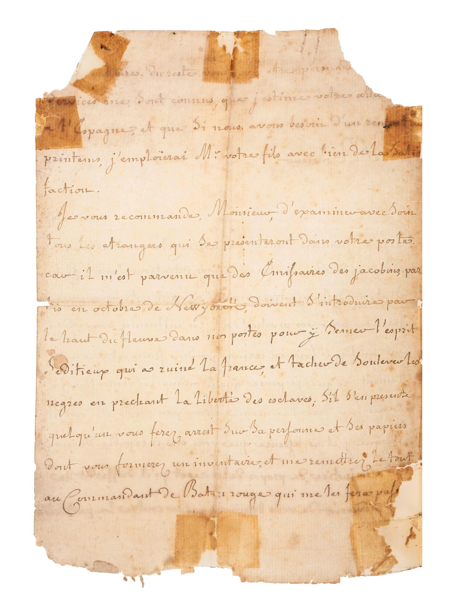DE CARONDELET, Francisco Luis Héctor (1748-1807). Autograph letter signed ("Le Baron De Corondelet"), to the Alcalde Forstal. New Orleans, Louisiana, 18 September 1793.