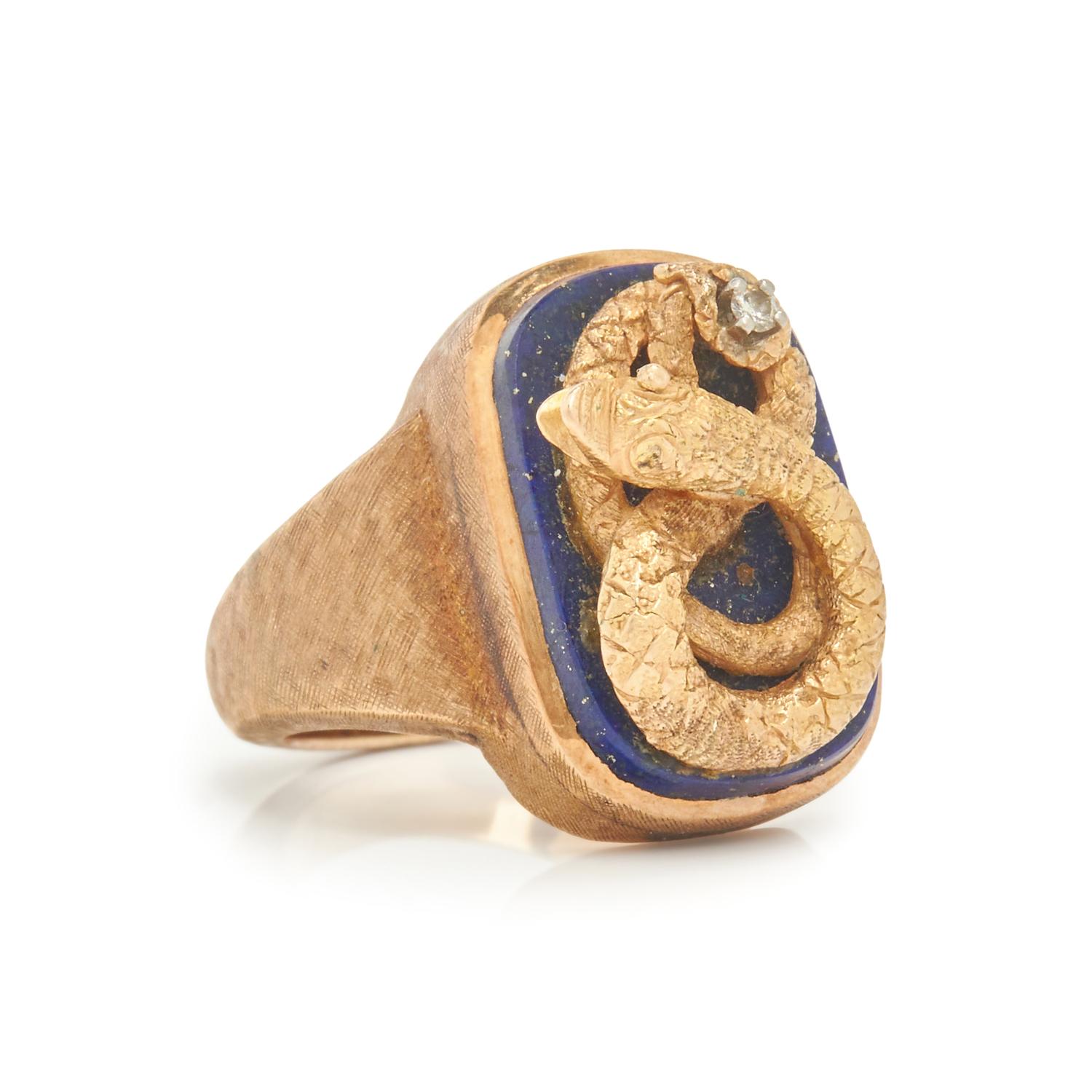 YELLOW GOLD, LAPIS LAZULI AND DIAMOND SNAKE RING
