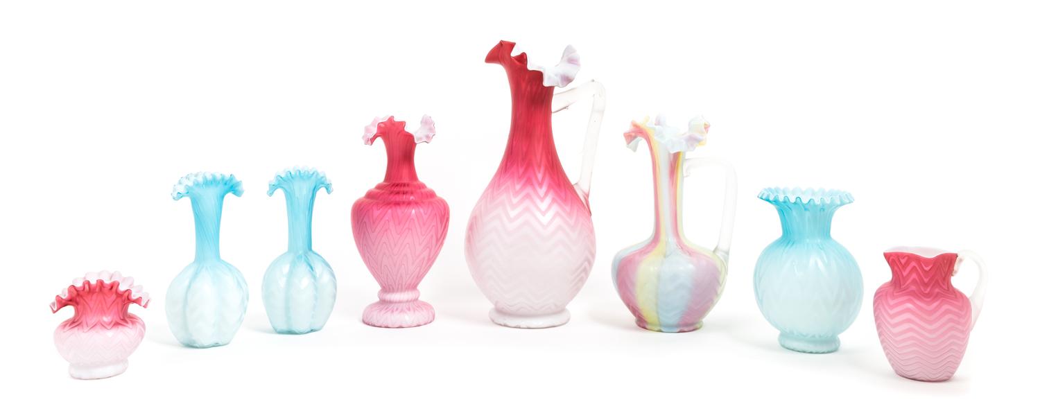 Eight Victorian Mother-of-Pearl Satin Glass Articles Height of tallest 11 1/2 inches — 19TH CENTURY