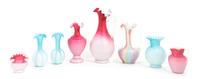 Eight Victorian Mother-of-Pearl Satin Glass Articles Height of tallest 11 1/2 inches — 19TH CENTURY