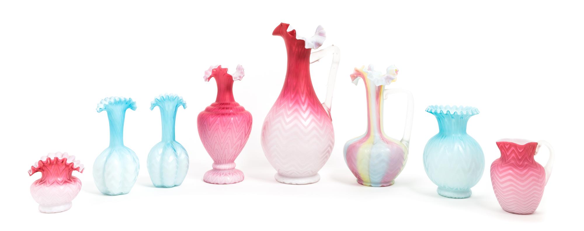Eight Victorian Mother-of-Pearl Satin Glass Articles Height of tallest 11 1/2 inches — 19TH CENTURY