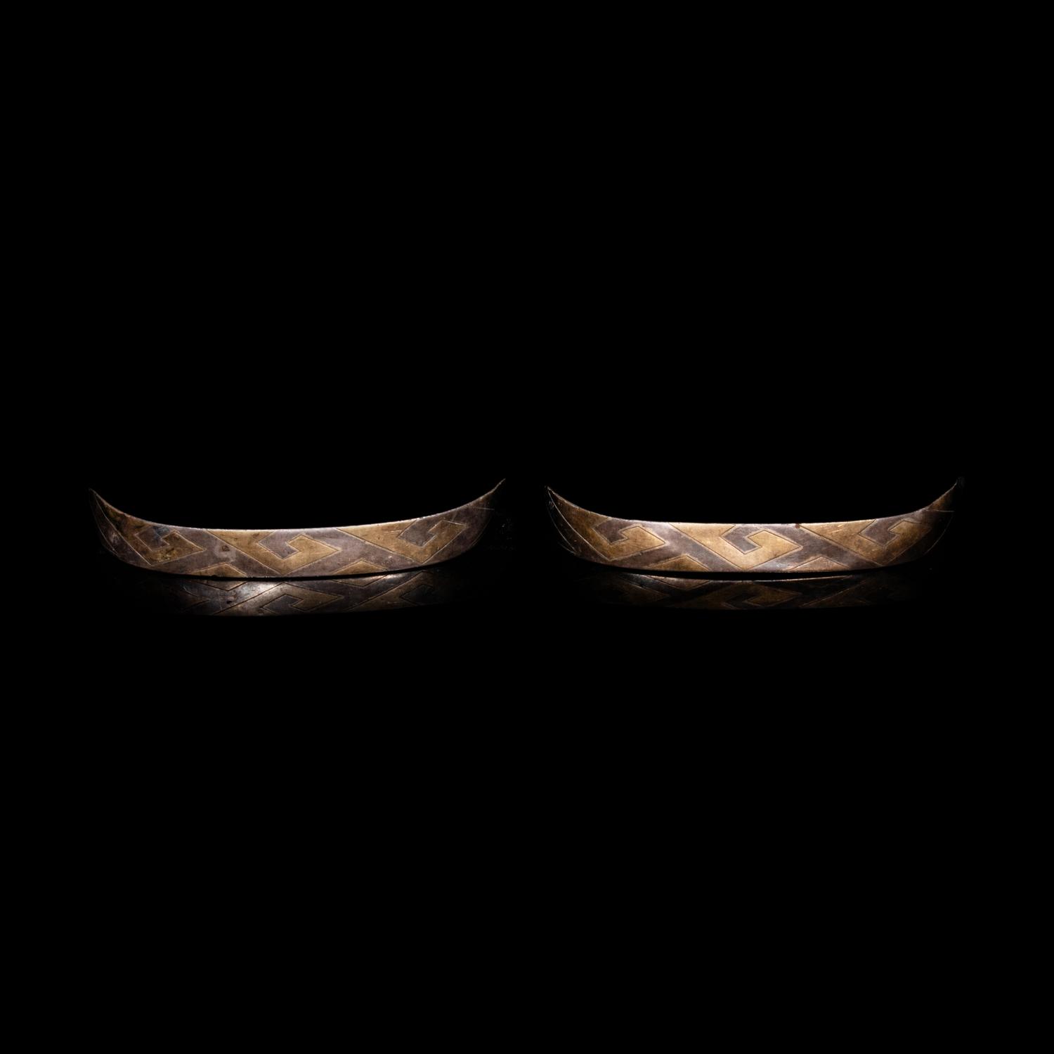 A Pair of Chinese Parcel Gilt Bronze Ear Cup Handles 漢 錯金銀勾連紋羽觴耳