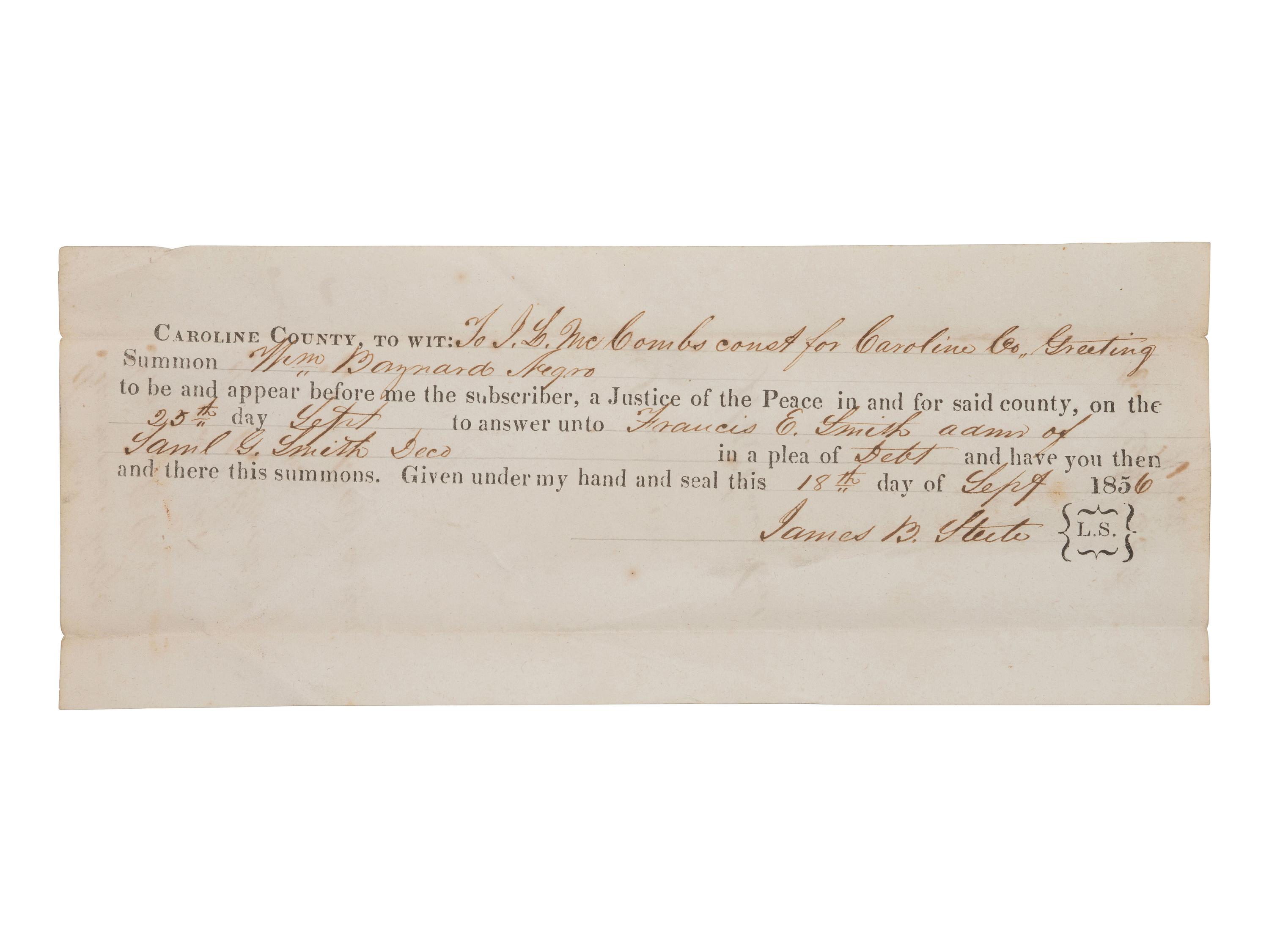 [AFRICAN AMERICANA]. Summons for free person of color William Baynard to appear in court. Caroline County, Maryland. 18 September 1856.