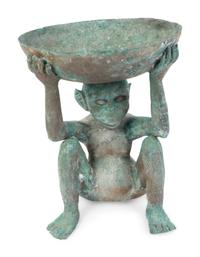 A Southeast Asian Carved Patinated Metal Bowl Supported by a Seated Monkey — 20TH CENTURY