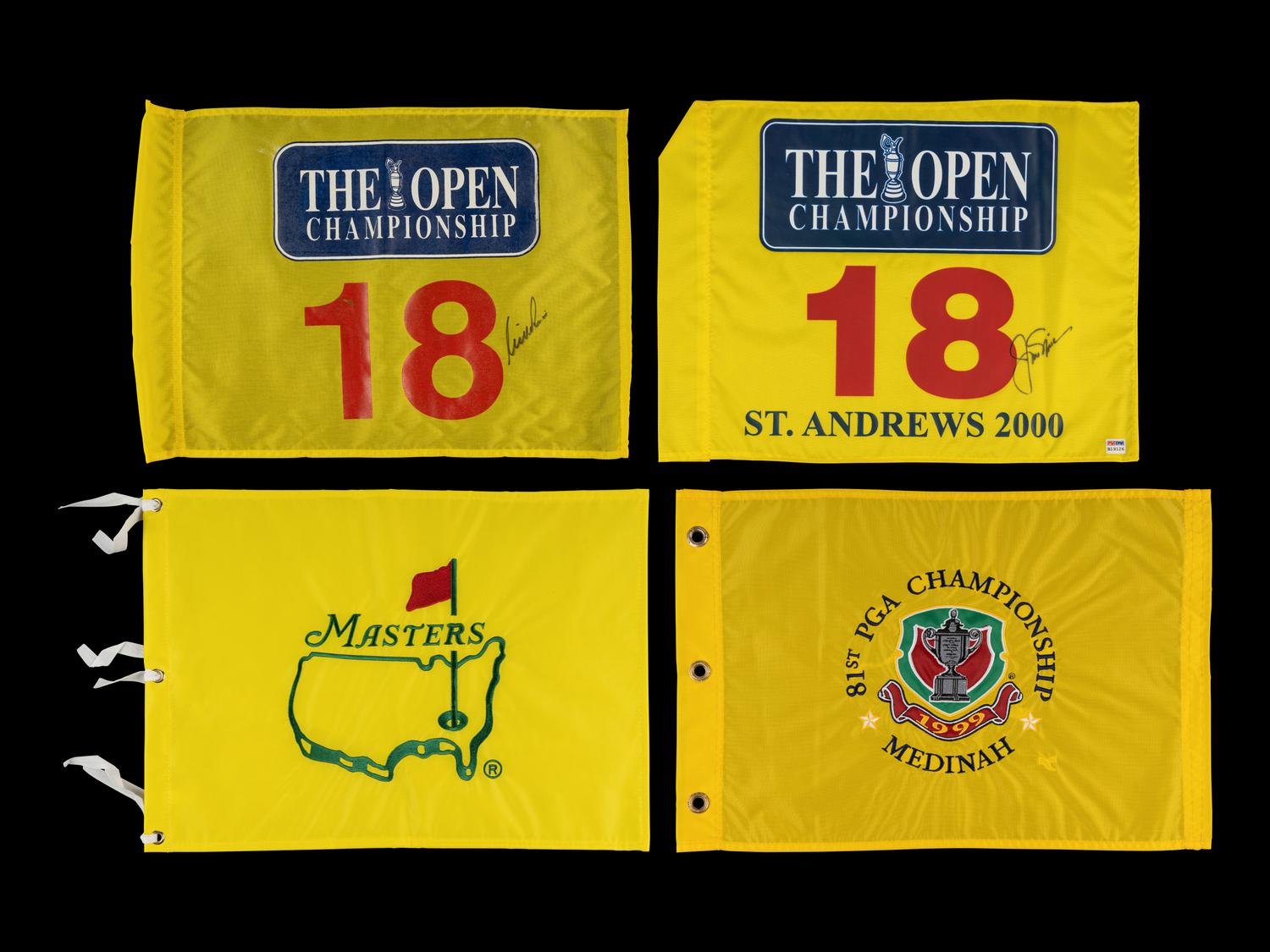 A Group of Four Major Golf Championship Pin Flags (Including Jack Nicklaus and Nick Price Signed British Open Flags),