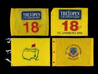 A Group of Four Major Golf Championship Pin Flags (Including Jack Nicklaus and Nick Price Signed British Open Flags),