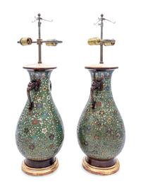 A Pair of Japanese Cloisonné Vases Mounted as Lamps