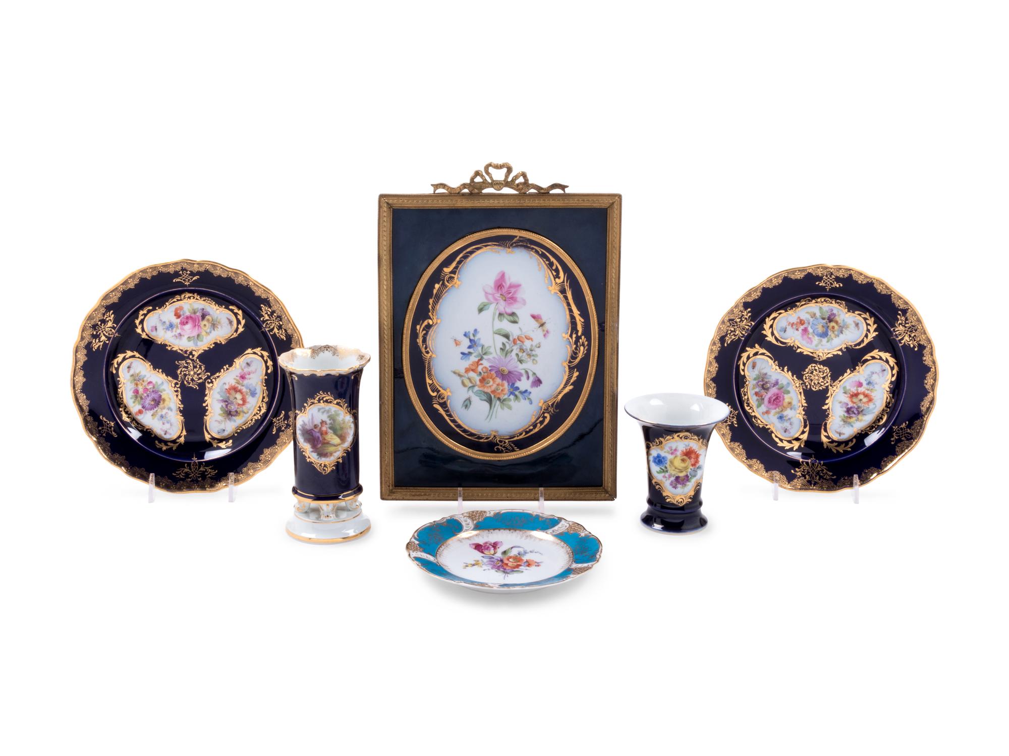 Six German Painted and Parcel Gilt Porcelain Articles