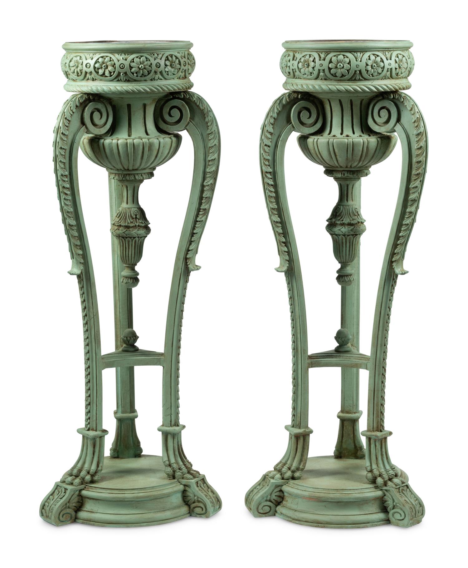 A Pair of Louis XV Style Carved and Green-Painted Jardinières with Liners