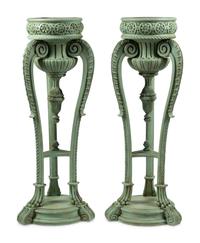 A Pair of Louis XV Style Carved and Green-Painted Jardinières with Liners