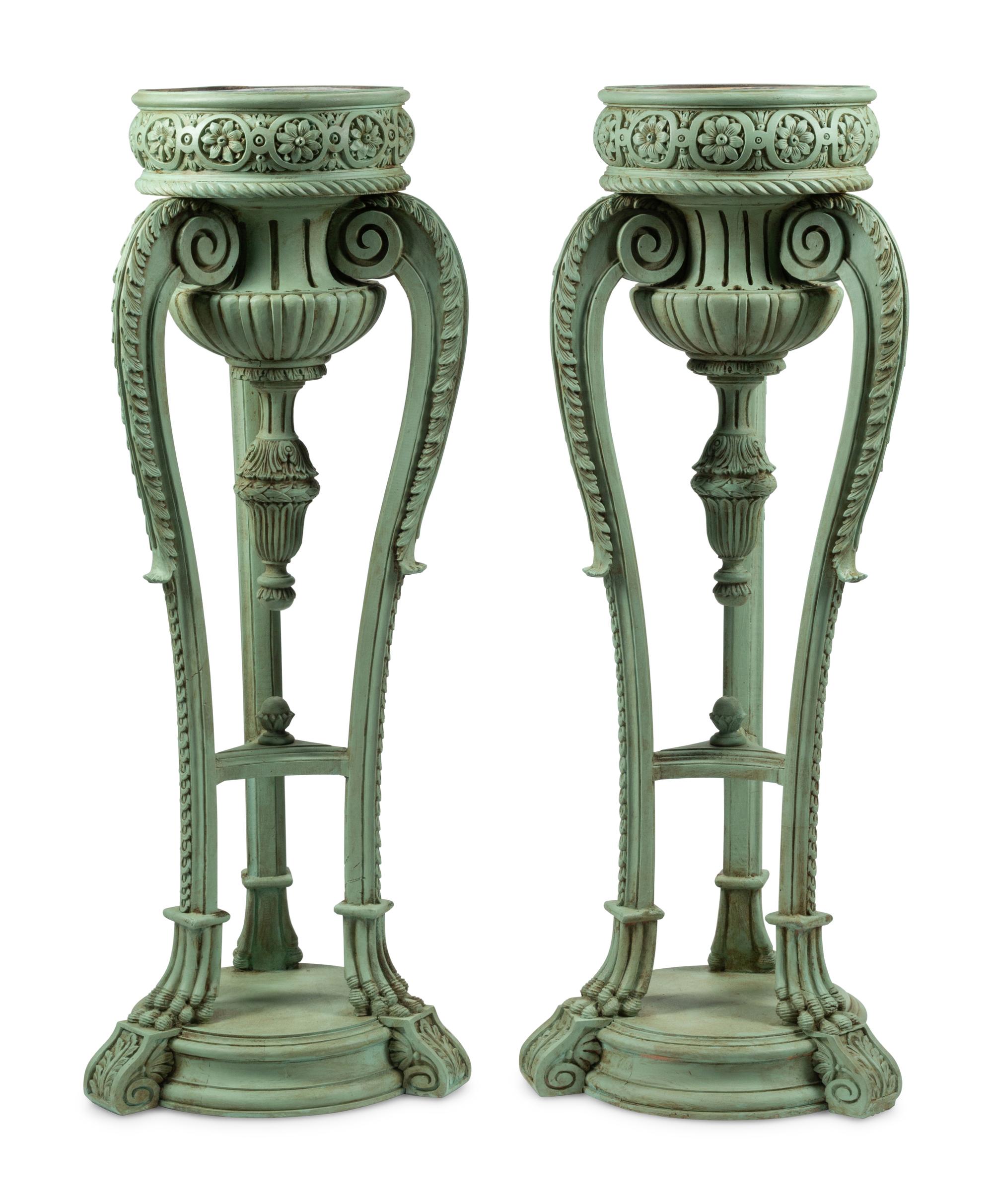 A Pair of Louis XV Style Carved and Green-Painted Jardinières with Liners