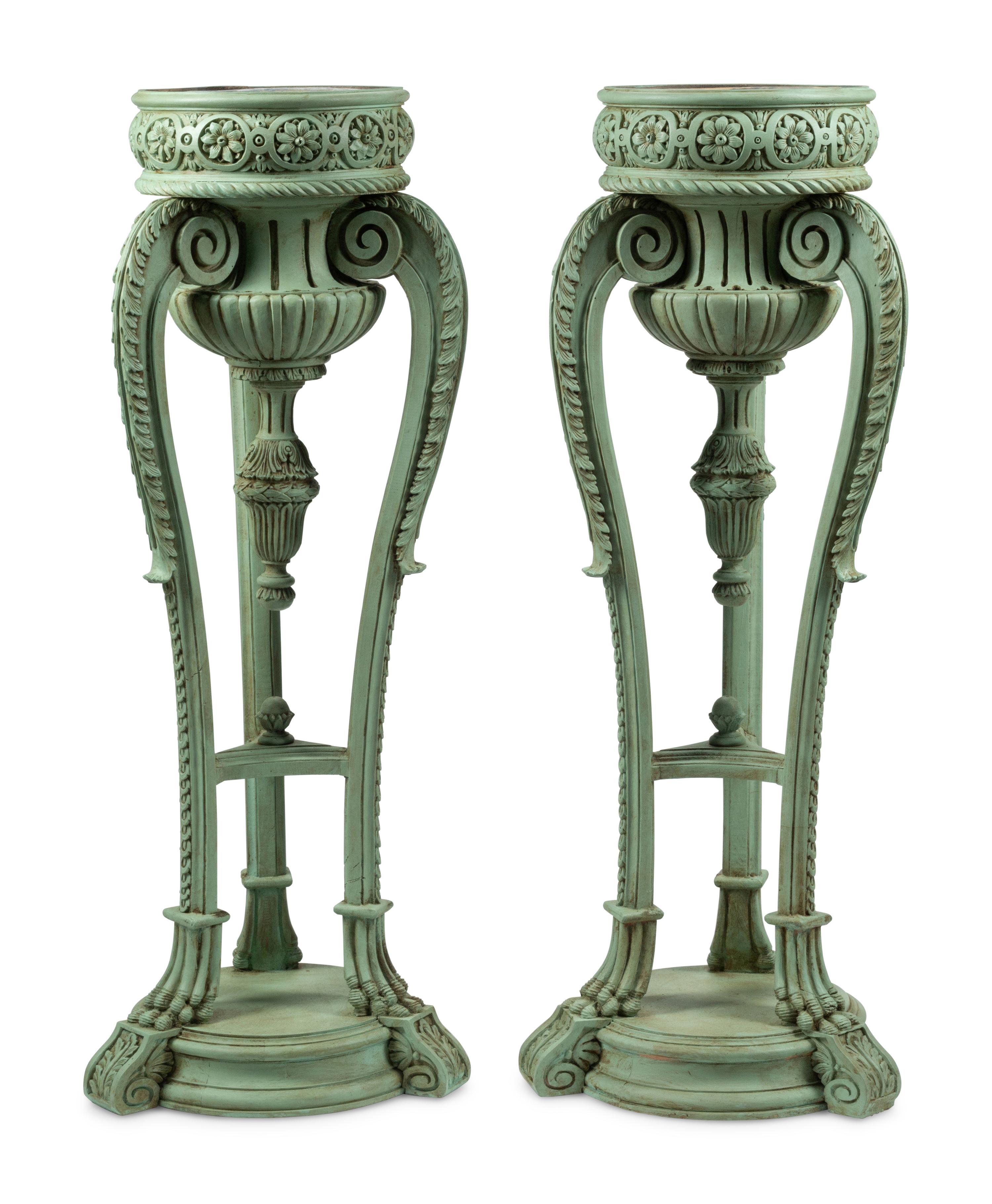 A Pair of Louis XV Style Carved and Green-Painted Jardinières with Liners