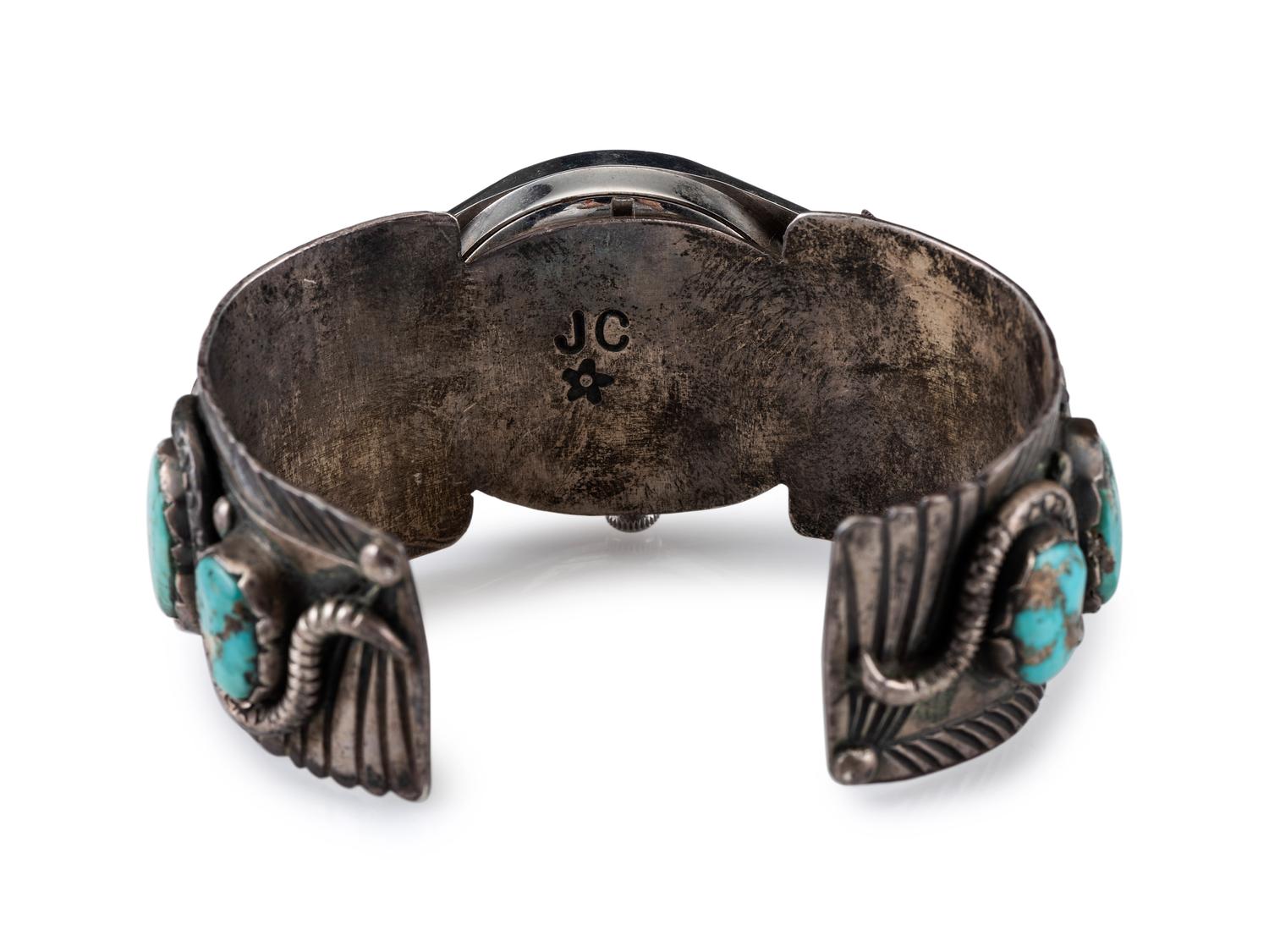Navajo or Zuni Silver and Turquoise Watch Cuff, with Snake Design