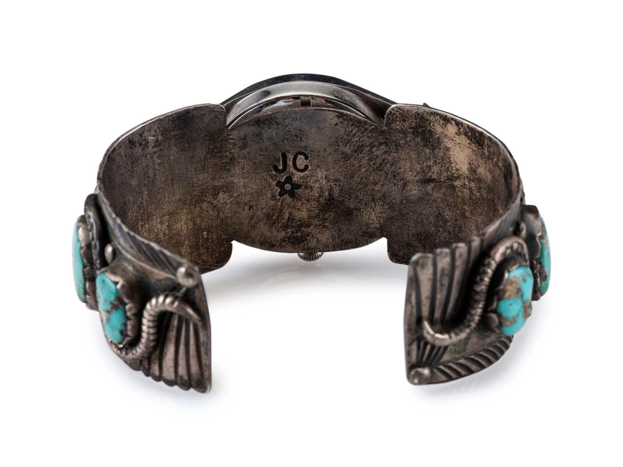Navajo or Zuni Silver and Turquoise Watch Cuff, with Snake Design