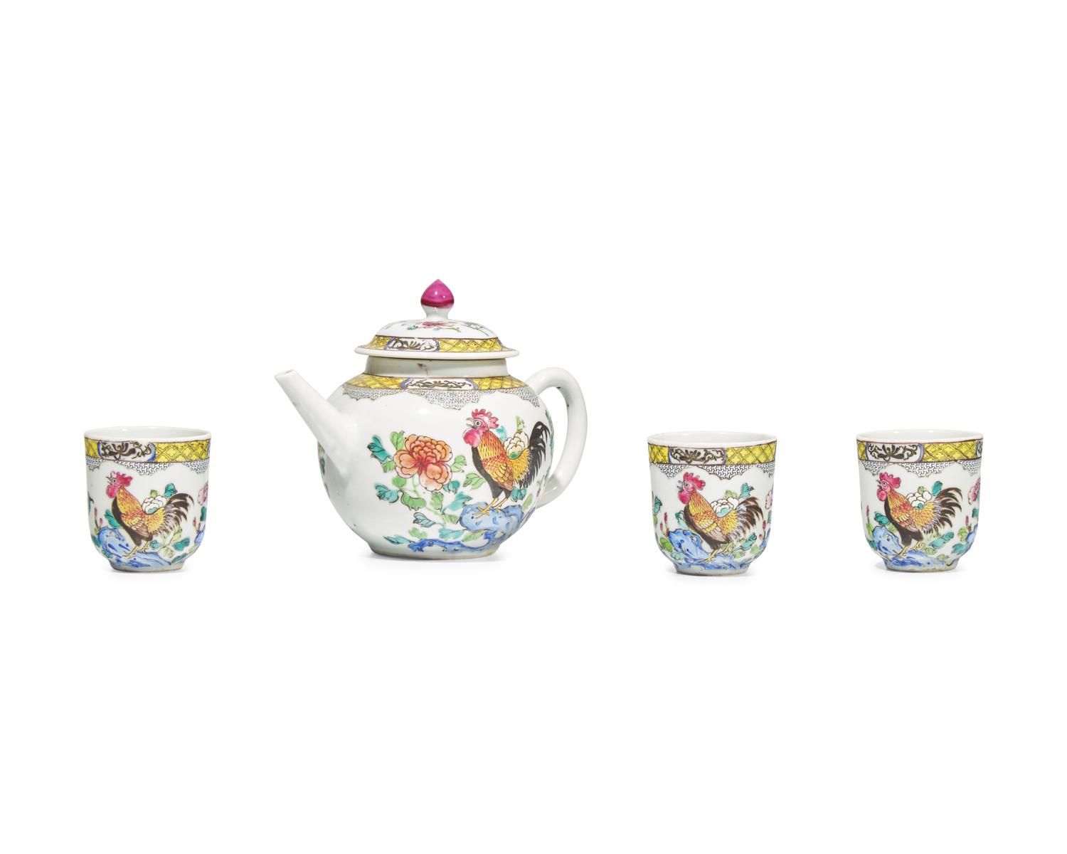 A Chinese Export Porcelain Famille Rose Four-Piece "Cockerel Upon Rockwork" Tea Service