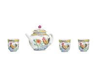 A Chinese Export Porcelain Famille Rose Four-Piece "Cockerel Upon Rockwork" Tea Service