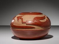 Carved Redware Pottery Jar, with Avanyu