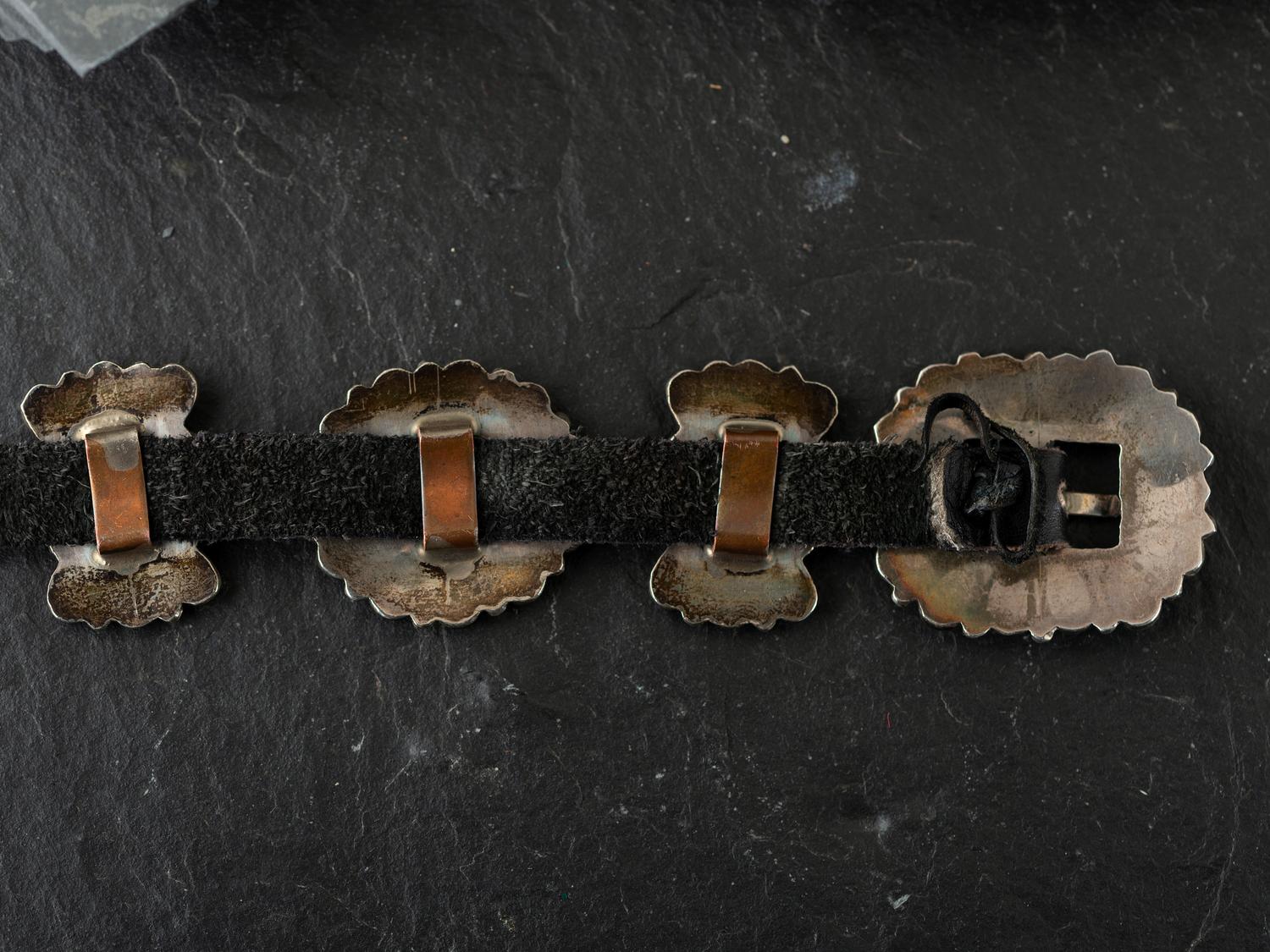 Petite Navajo or Zuni Siler and Turquoise Cluster Concha Belt