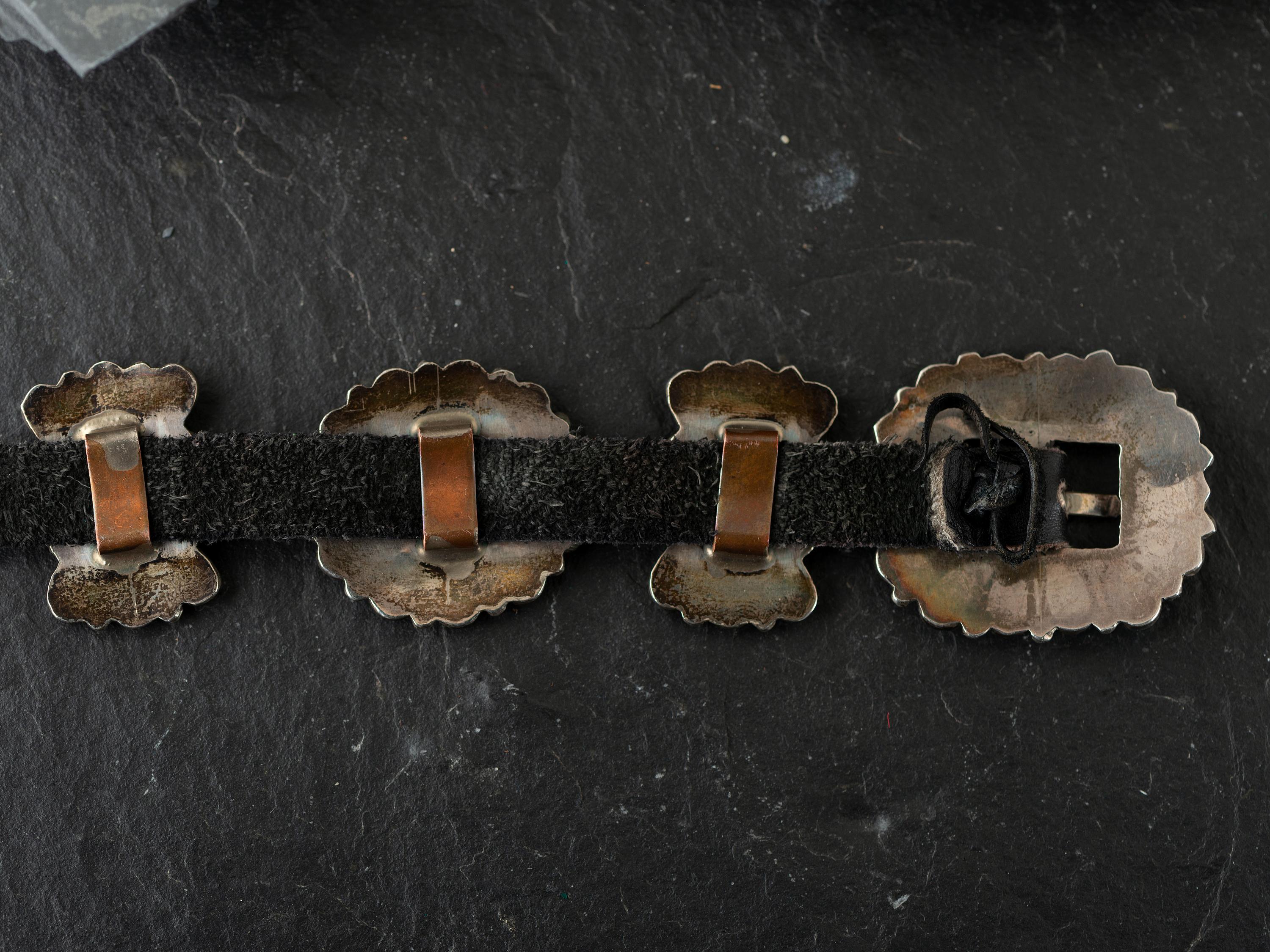 Petite Navajo or Zuni Siler and Turquoise Cluster Concha Belt