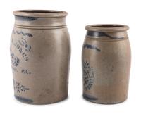 Two Hamilton & Jones Cobalt-Decorated Stoneware Crocks