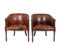 A Pair of George III Style Leather-Upholstered Mahogany Tub Chairs — EARLY 20TH CENTURY