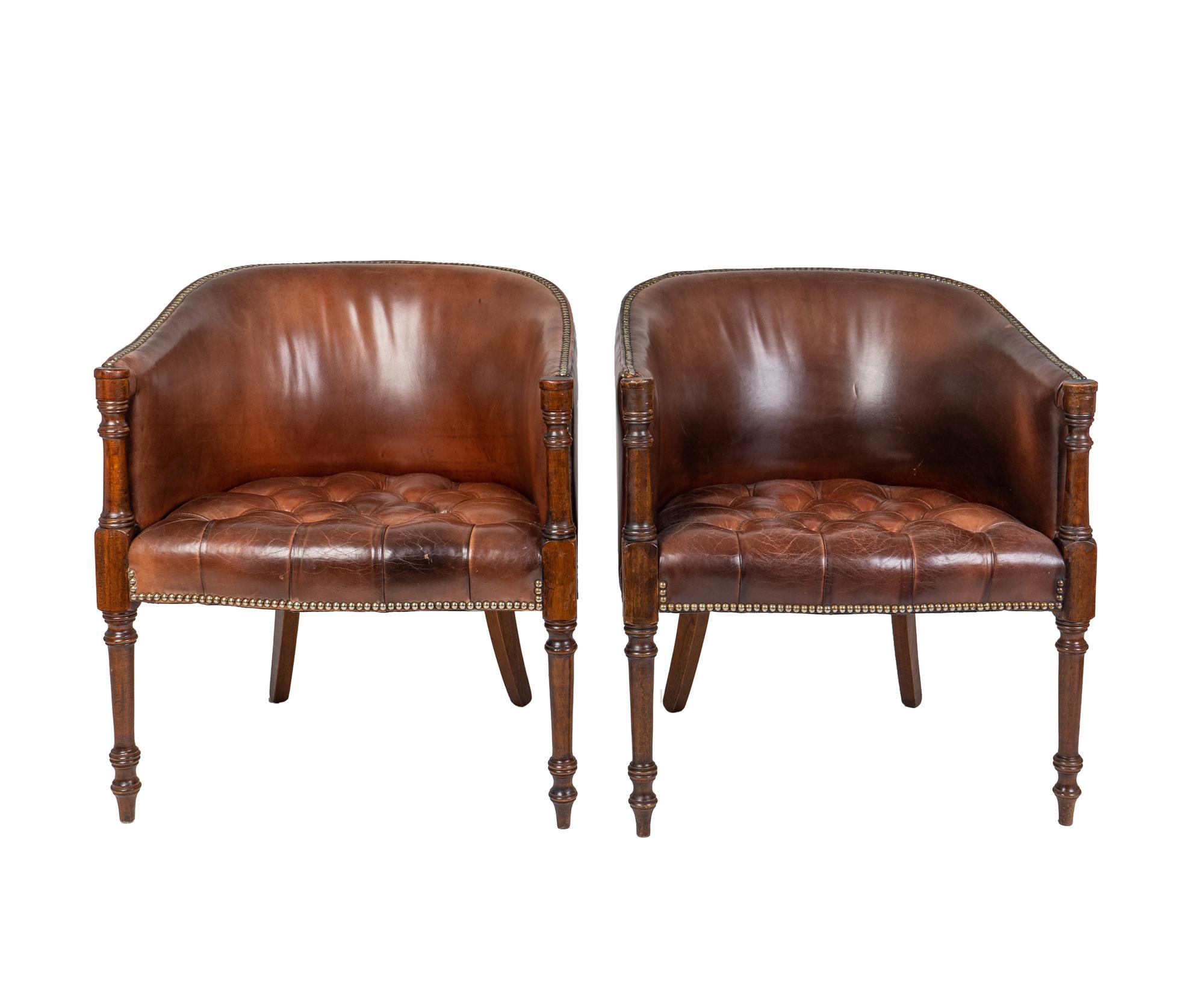 A Pair of George III Style Leather-Upholstered Mahogany Tub Chairs — EARLY 20TH CENTURY